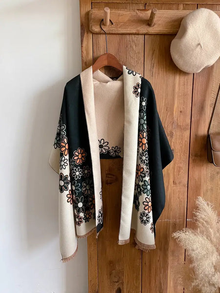 Cozy Cashmere Feel Travel Black /White Daisy Reversible Wrap