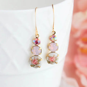 White w/ Pink Rose Vintage Glass Earrings