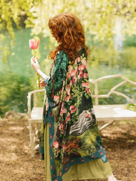 The Daydreamer Matinee Duster Kimono w/ Roses & Rabbits