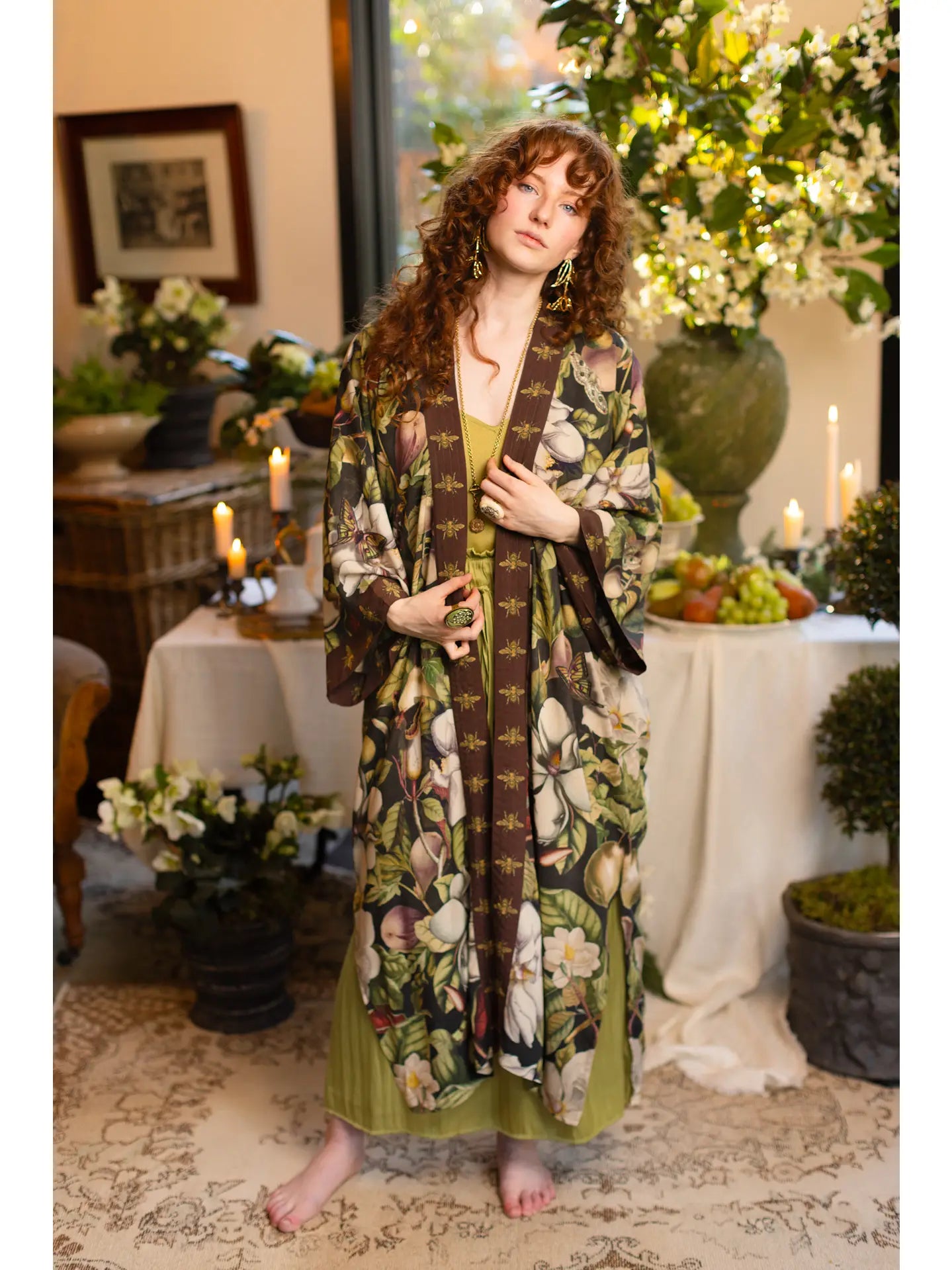 Fleur De Lune Opera Duster Kimono Robe w/ Floral and Bees