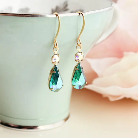 Vintage Aurora Glass Emerald Teardrop Earrings