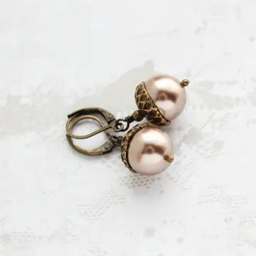 Antiqued Brass Copper Pearl Acorn Earrings