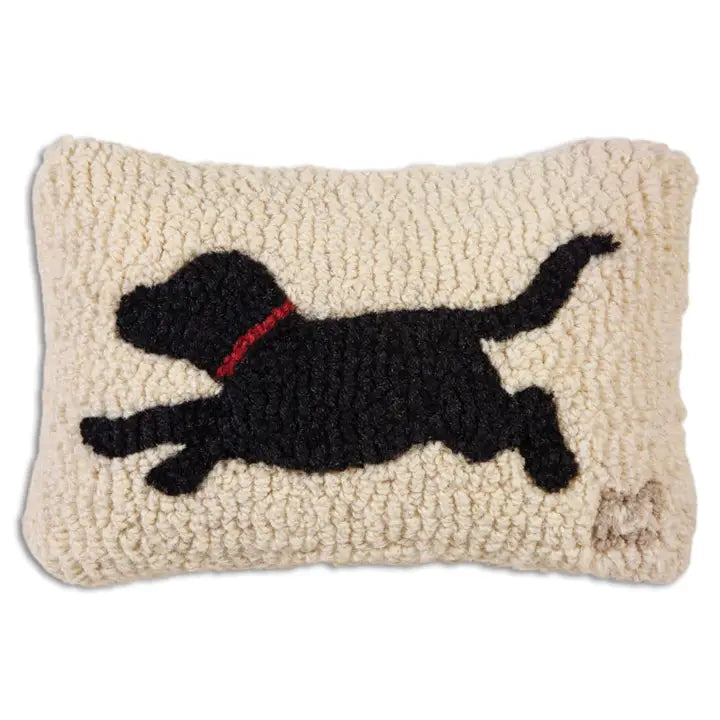 Running Black Dog Hooked Pillow