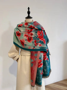 Artisan Shawl Turq / Red Poppy Field Reversible Wrap