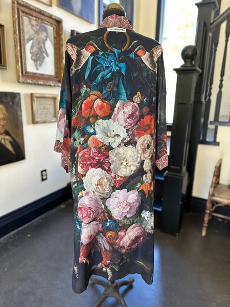 Flight of Fancy Floral Long Bamboo Kimono Robe w/ Hummingbirds