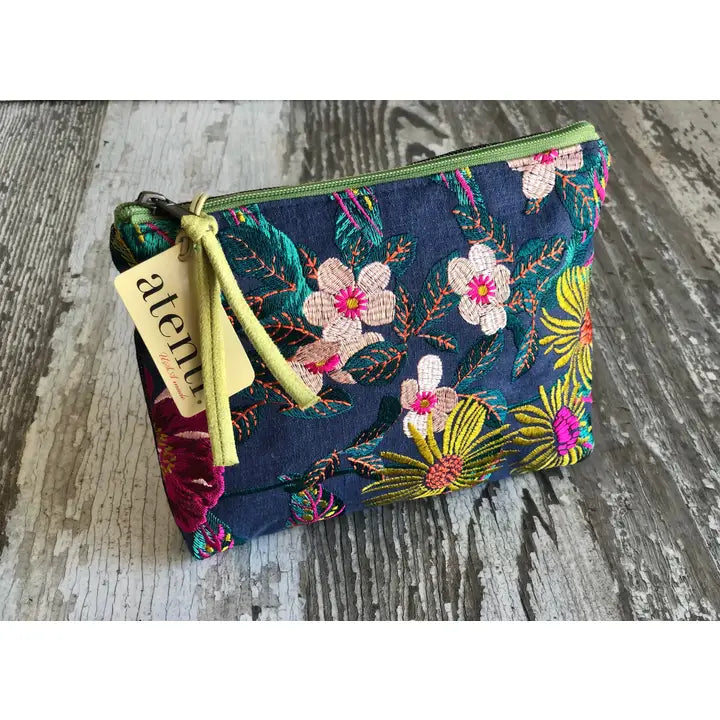 Floral Embroidery Zipper Accessories Pouch Clutch