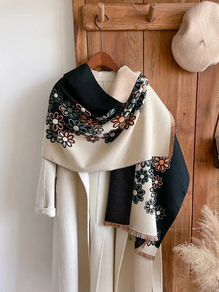 Cozy Cashmere Feel Travel Black /White Daisy Reversible Wrap