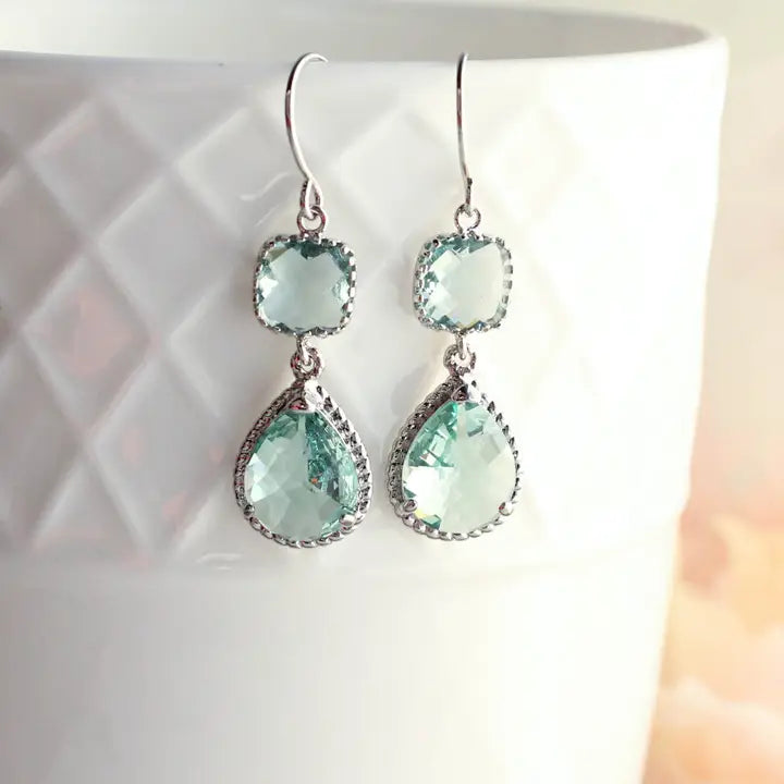 Aqua Erinite Glass Dangle Earrings