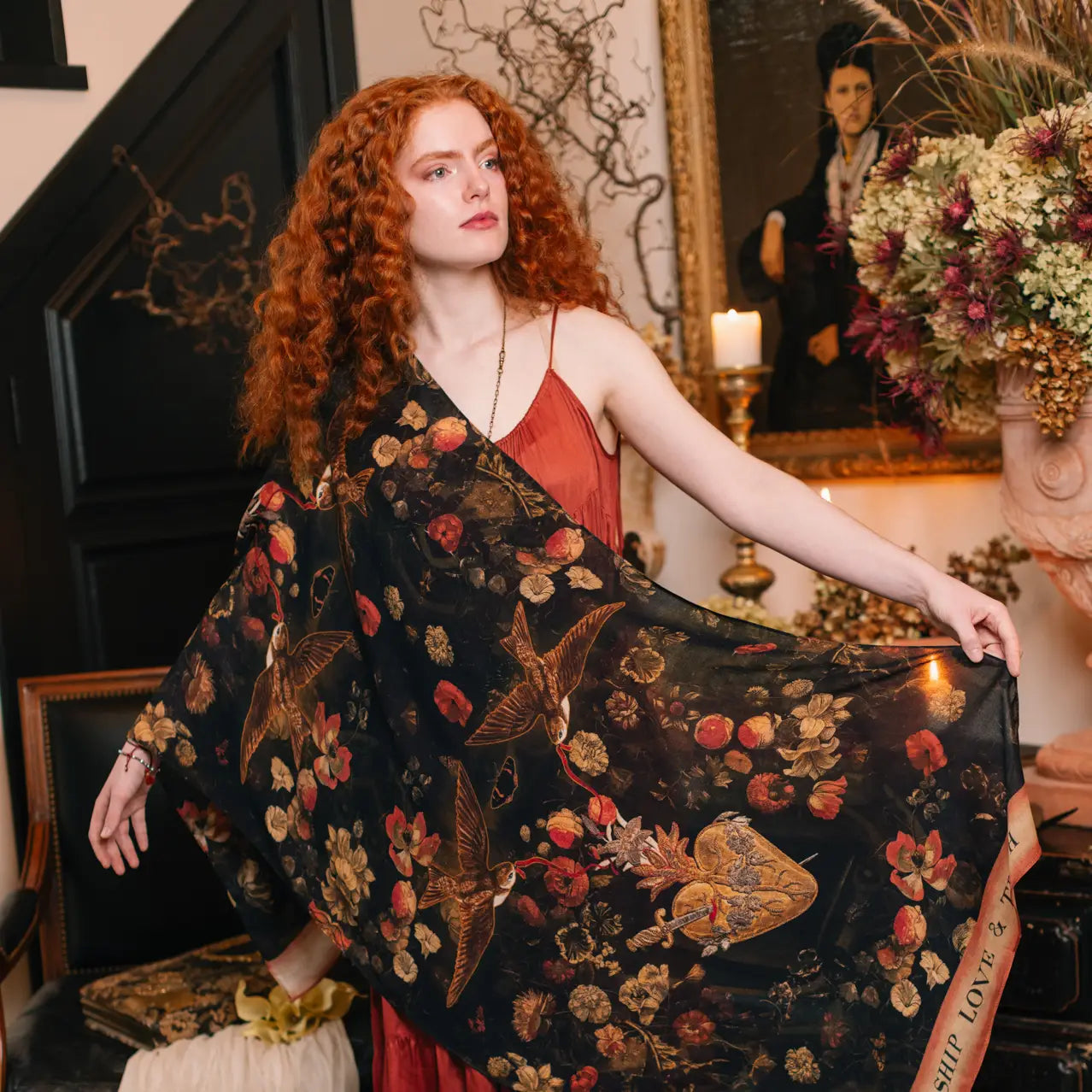 Heart of Gold Scarf w/ Swallows and Sacred Heart