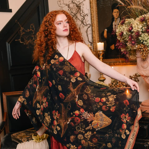 Heart of Gold Scarf w/ Swallows and Sacred Heart