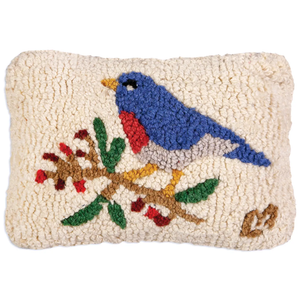 Bluebird and Berries Hooked Pillow