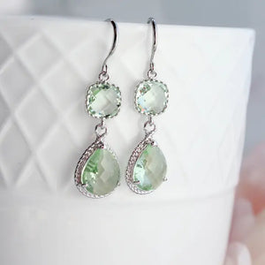 Light Green Two Jewel Glass Teardrop Earrings