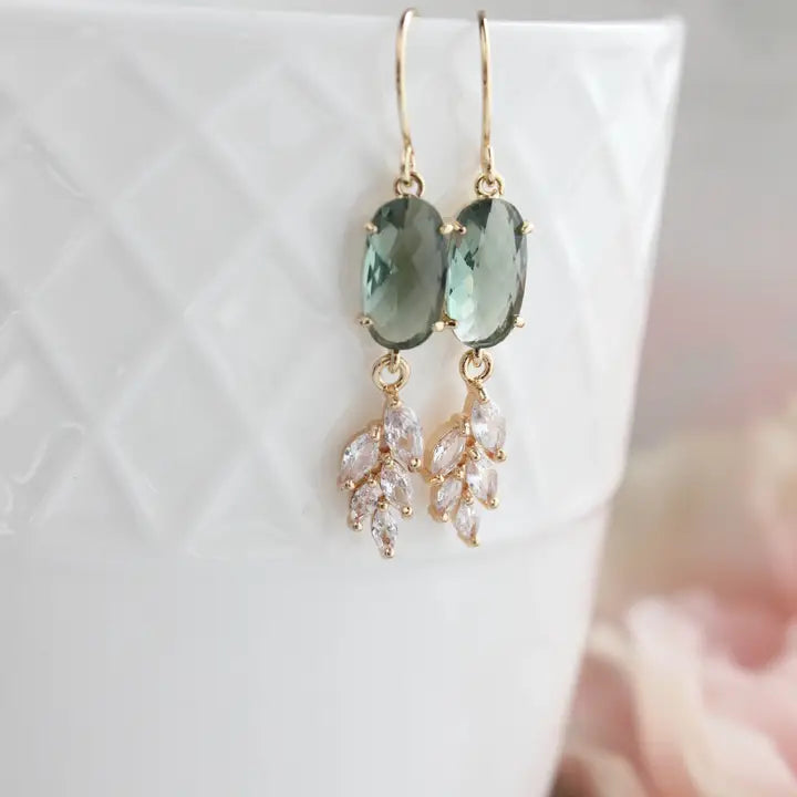 Sparkling Erinite Green Crystal Leaf Earrings