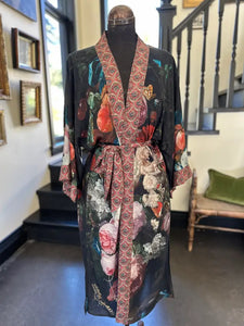 Flight of Fancy Floral Long Bamboo Kimono Robe w/ Hummingbirds