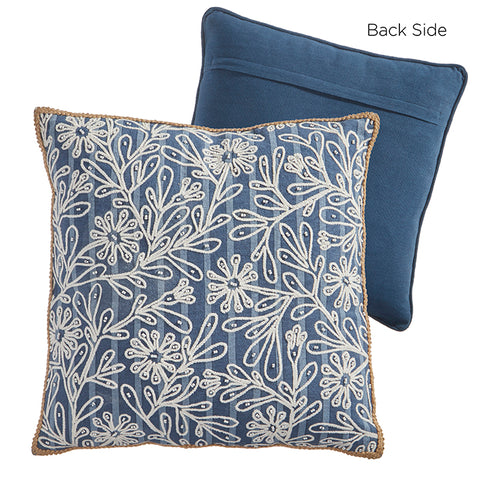 18" Blue Floral Embroidered Pillow
